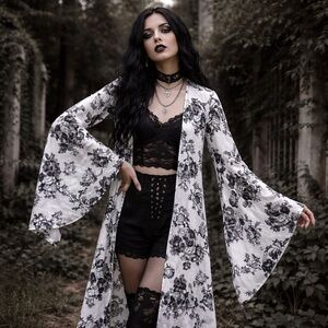 Myesper Black White Floral Kimono Duster Long SZ S/M Whimsygoth Festival EUC